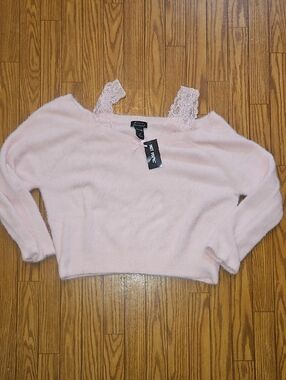 Sweet Society Pink Fuzzy Lace-Trim Off-Shoulder Sweater - Hot Topic